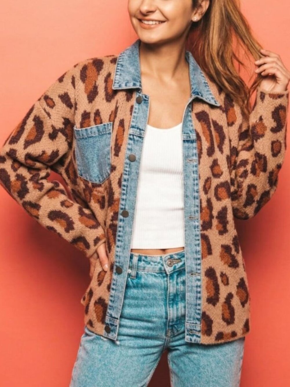 Silk & Lace Leopard Print Shacket Denim Collar Oversized Cardigan Jacket
